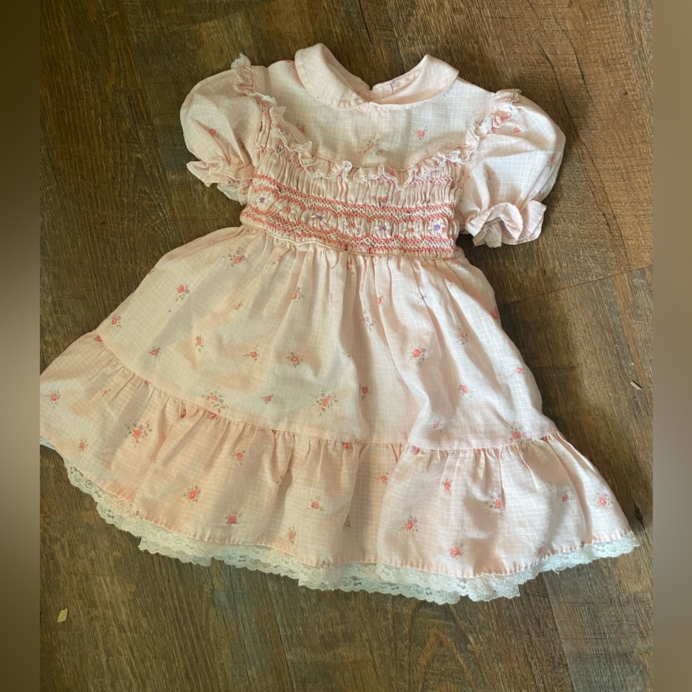 Vintage Polly Flinders peach hand smocked dress, size 2T